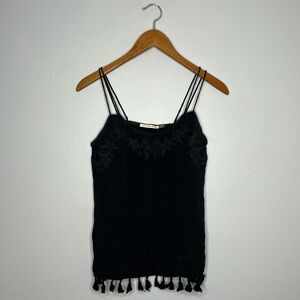 Mustard Seed Black Embroidered Fringe Tassel Camisole Tank Top CC